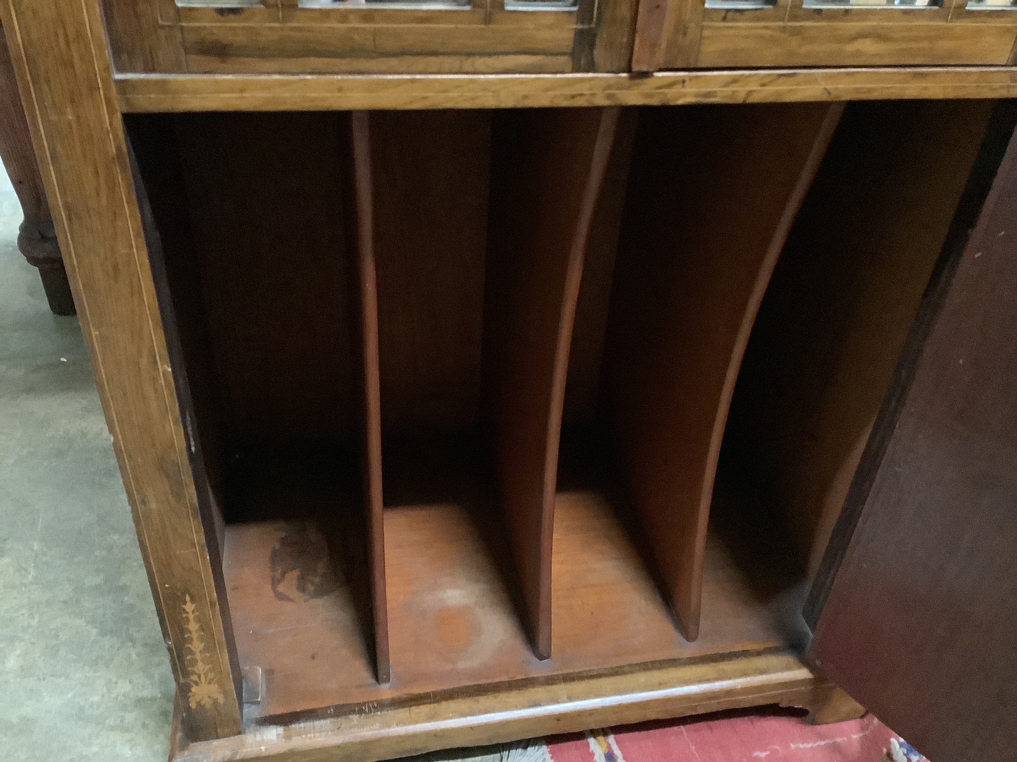 A late Victorian inlaid mirrored rosewood music cabinet, width 62cm, depth 38cm, height 105cm